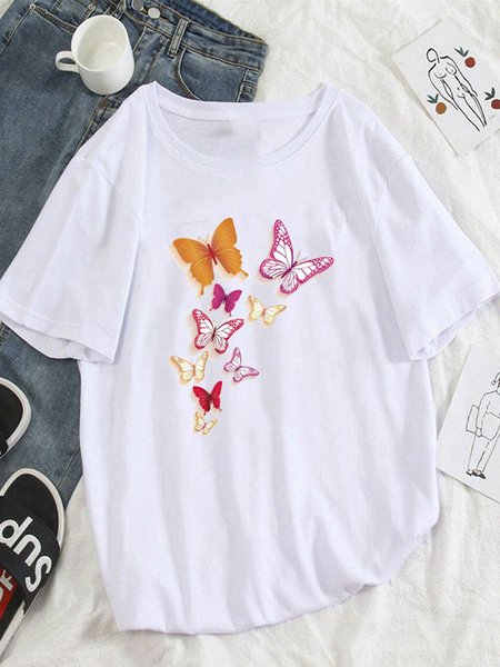 

T-Shirt a Girocollo Vintage Farfalla Stampato Casuale, T-Shirts