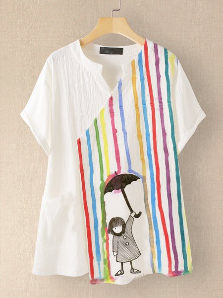 

White Short Sleeve Cotton-Blend Floral-Print Tops, Tops
