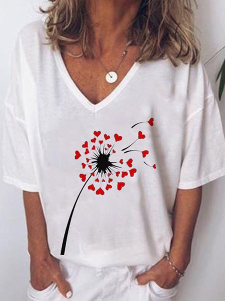 

Vintage Short Sleeve Statement Dandelion Printed V Neck Plus Size Casual Tops, White, Blouses & Shirts