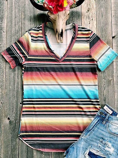 

T-Shirt a Strisce Dritto Casuale Stampato Floreale, Multicolore, T-Shirts