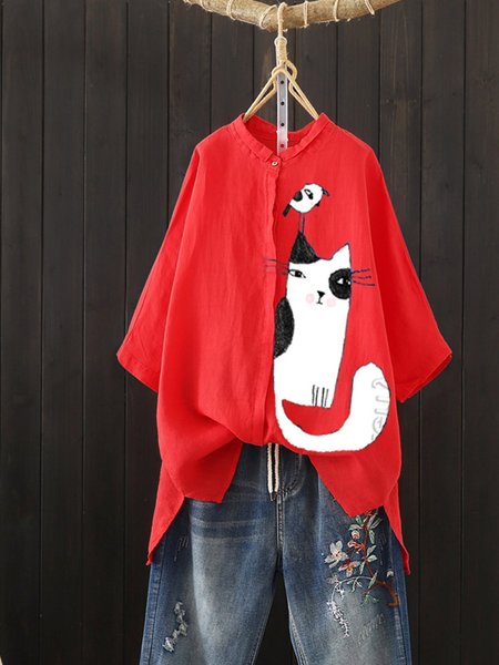 

Red Cotton-Blend Floral-Print Casual Tops, Tops