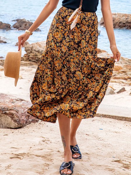 

Black Tribal A-Line Vintage Skirt, Maxi Skirts