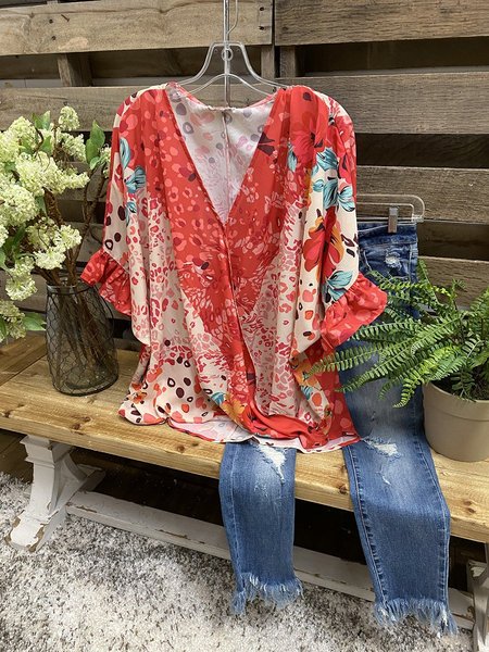 

Top Stampato Floreale Scollatura, Rosso, T-Shirts