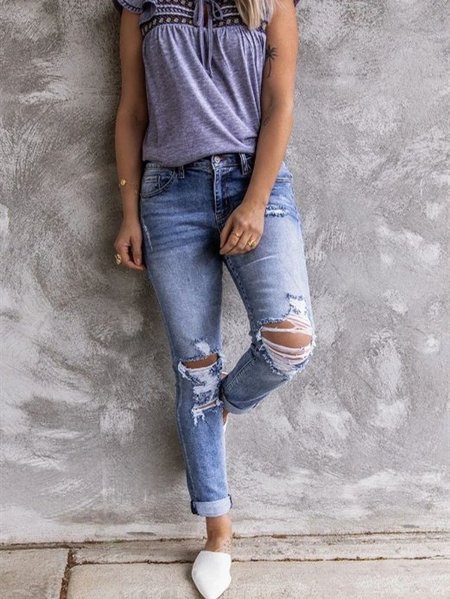 

Denim Vintage Ripped Sheath Pants Jeans, Light blue, Bottoms