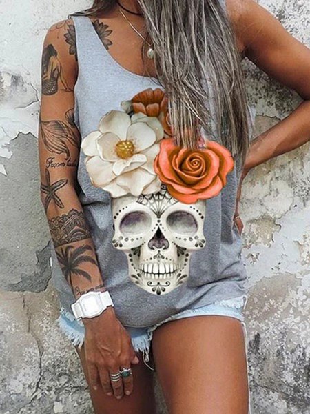 

Top Casuale Floreale Cranio Stampato Dritto di Cotone, Grigio, Tank Top