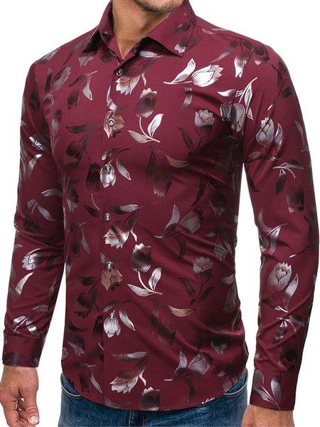 

Cotton-Blend Printed Casual Shirts & Tops, Wine red, Men's Floral shirt