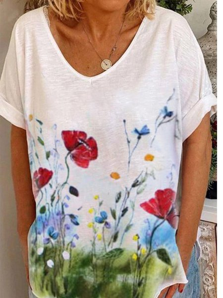

T-Shirt Casuale Floreale di Misto Cotone, Bianco, Tops