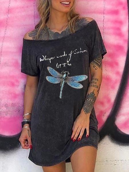 

Abito Stampato Sexy A-line a Spalla Nuda di Cotone, Nero, Mini Dresses