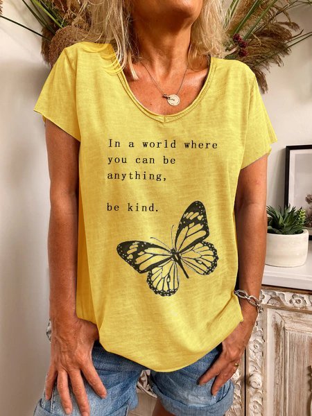 

T-Shirt con Scollo a V Casuale di Cotone, Giallo, Blouses & Shirts
