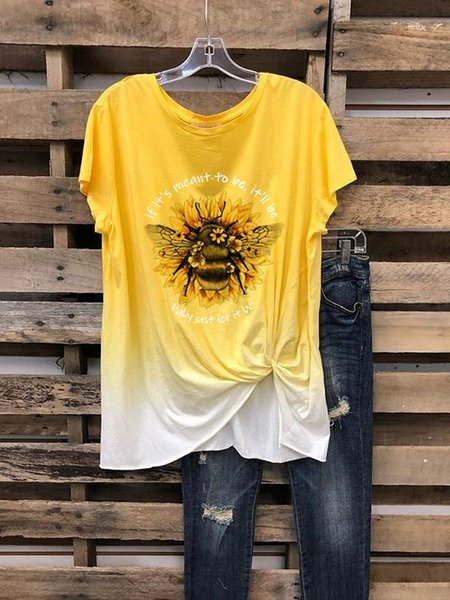 

T-Shirt a Girocollo Casuale di Cotone, Giallo, T-Shirts
