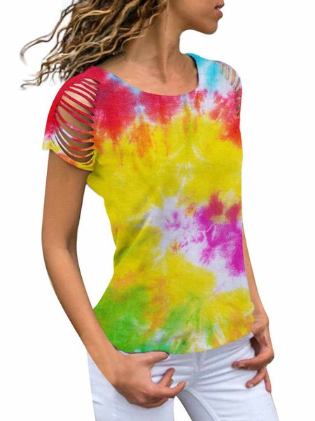 

Short Sleeve Color-block Crew Neck Casual Shirts & Tops, Yellow, T-shirts