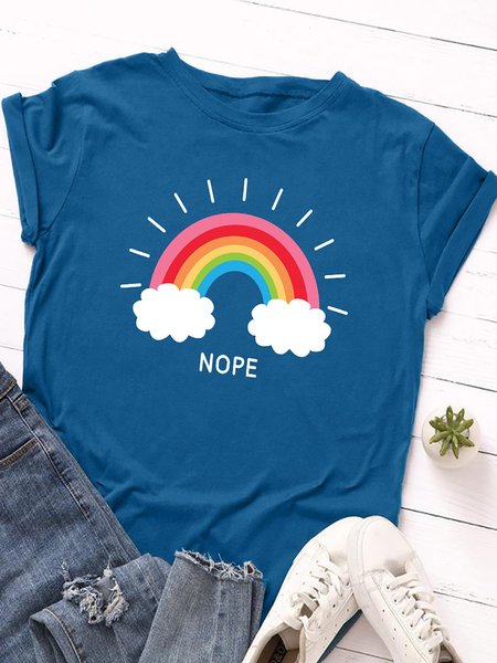 Printed Casual Crew Neck Shirts & Tops, Royal blue, T-shirts