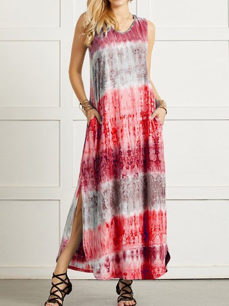 

V Neck Casual Ombre/tie-Dye Weaving Dress, Red, Maxi Dresses