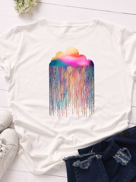 

Short Sleeve Cotton-Blend Printed Casual Shirts & Tops, White, T-shirts