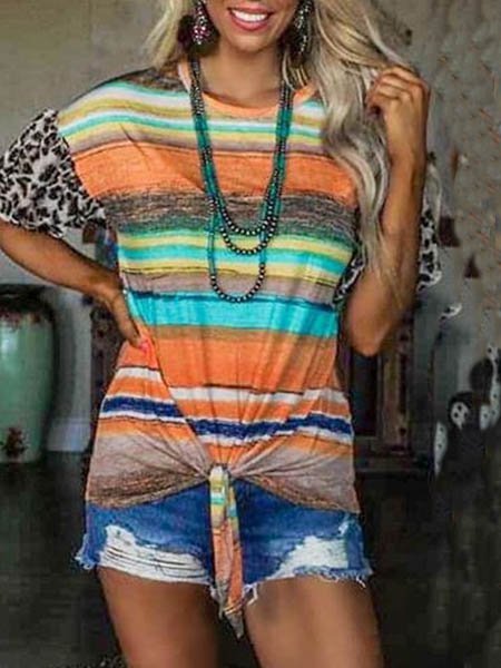 

Top a Strisce Dritto Stampato Floreale Casuale, Multicolore, T-Shirts