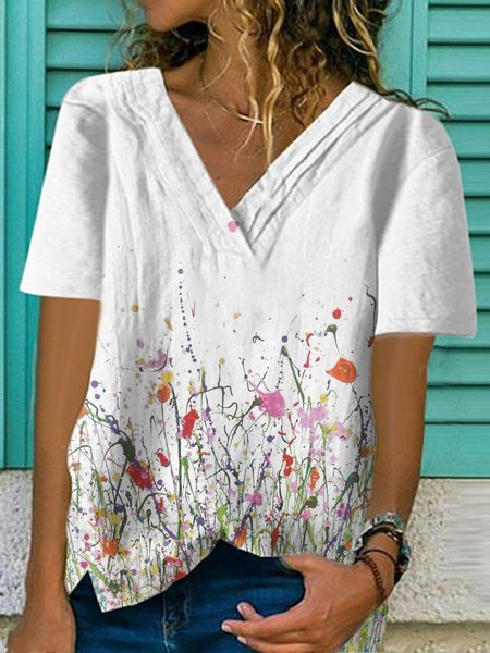 

White Floral Casual Cotton T-shirt, Auto-Clearance