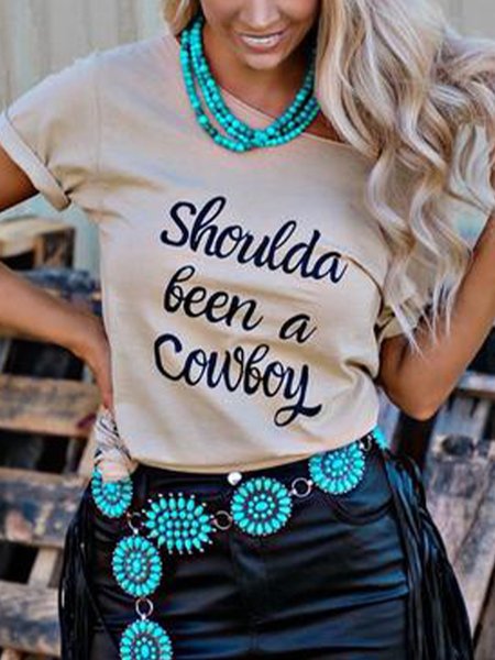 

Creamy White Crew Neck Letter Shift Casual Shirts & Tops, Tops