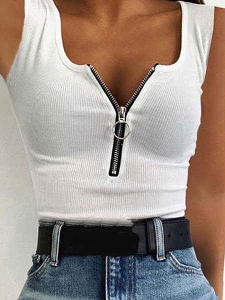 

White Zipper Club Party Daily Casual Solid Sexy U-Neck Sheath Vests, Tops