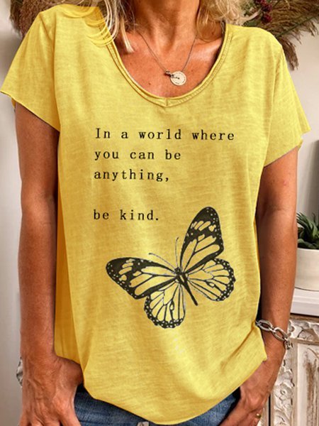 Butterfly Printed Casual V Neck Cotton Yellow T-Shirt & Top, Tops