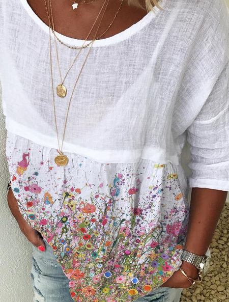 

White Floral Crew Neck Long Sleeve Shirts & Tops, Tops