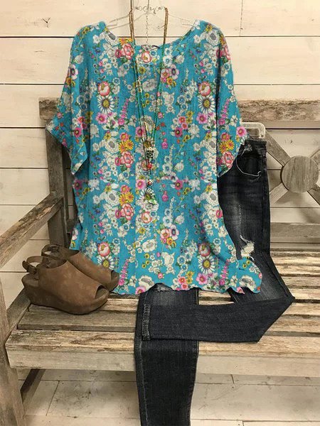 

Top a Girocollo Casuale Vintage Stampato Floreale, Blu, Blouses & Shirts
