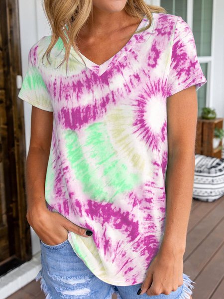 

Casual Ombre/tie-Dye Short Sleeve Shirts & Tops, Rose red, Blouses