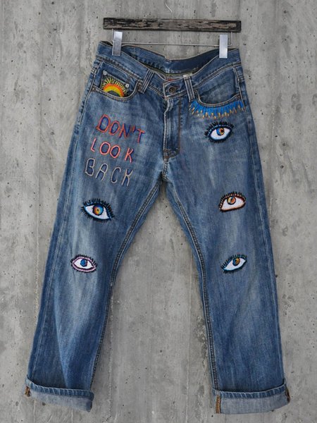 

Appliqued Casual Denim Jeans, Blue, Bottoms