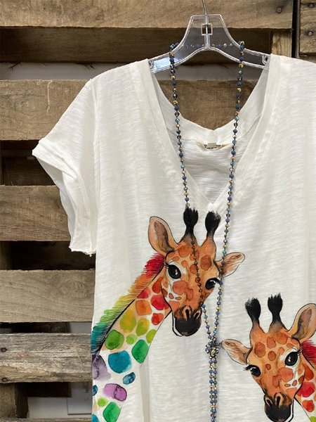 

Top con Scollo a V Casuale di Misto Cotone, Bianco, T-Shirts