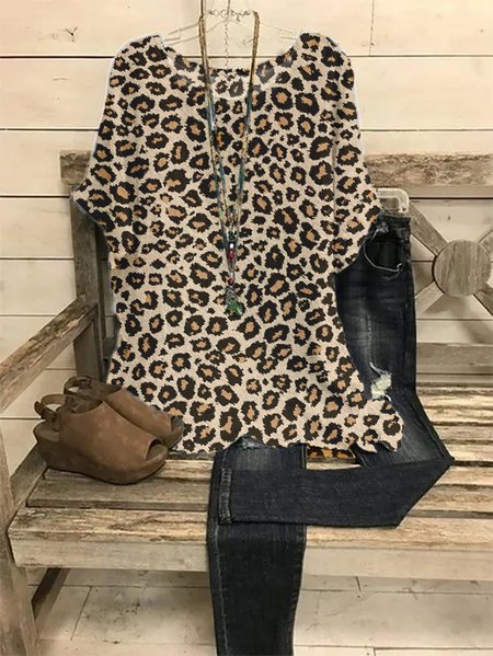 

Women Leopard Printed Casual Crew Neck Brown Shirts Tops, Tops