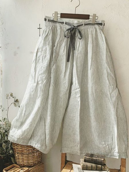

Pantaloni Vintage a Righe Casuale in Lino, Beige, Pants