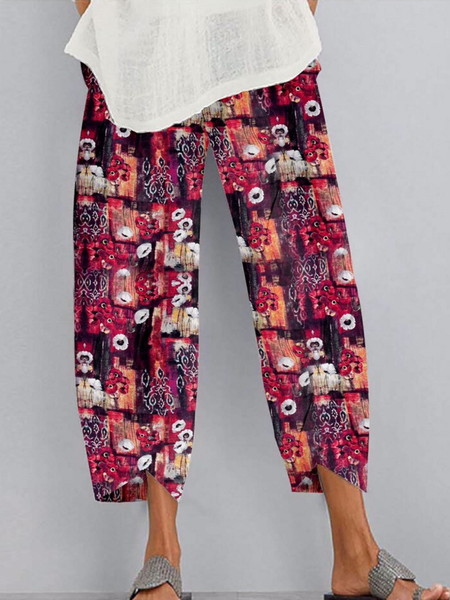 

Cotton-blend Casual Printed Pants, Red, Pants