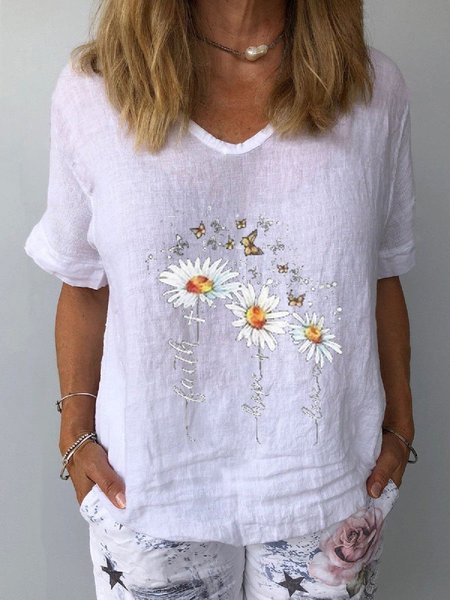 

T-Shirt Floreale Casuale di Cotone, Bianco, Blouses & Shirts