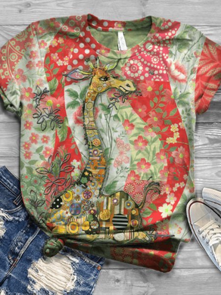 

Colore Cotone Vintage Girocollo Animale Top, T-Shirts