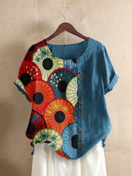 

Top Floreale di Misto Cotone, Blu, T-Shirts