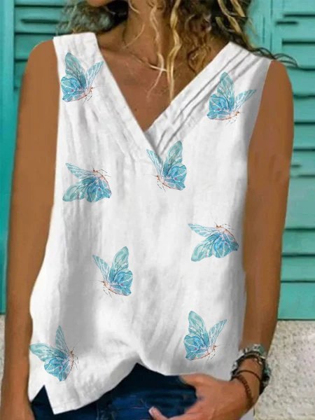 

Women Butterfly Printed Casual Sleeveless V Neck Shirts Tank Top, White, Tank Tops