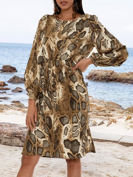 

Yellow Crew Neck Shift Long Sleeve Animal Dresses, I.F.E