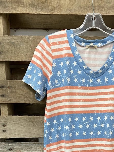 

Top con Scollo a V di Misto Cotone, Blu, T-Shirts