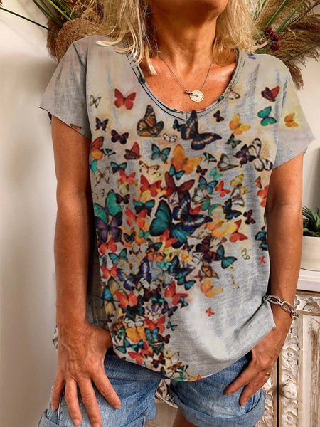 Gray Short Sleeve Printed Round Neck Animal Shirts & Tops, T-Shirts