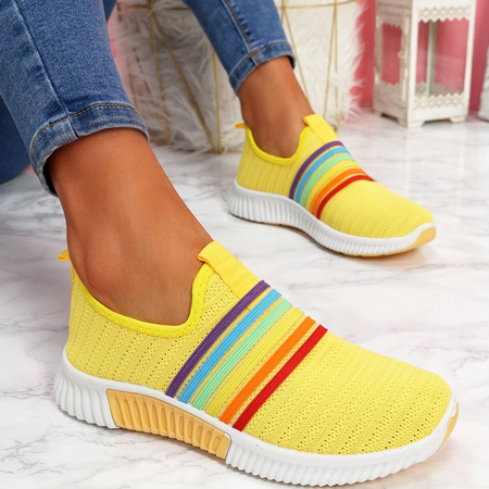 

Women Color Block Fly-Woven Fabric Closed Toe Sneakers, Yellow, Sneakers
