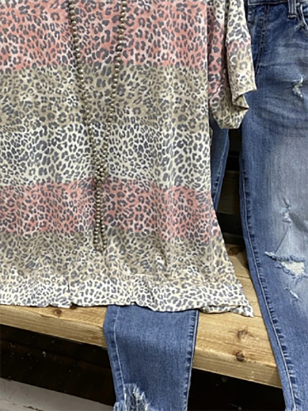 Top a Girocollo Casuale Leopardo, Grigio, T-Shirts