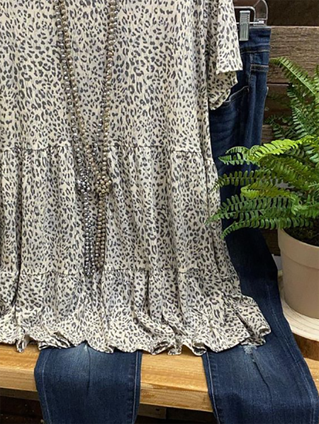 

T-Shirt a Girocollo Leopardo di Cotone, Grigio, T-Shirts