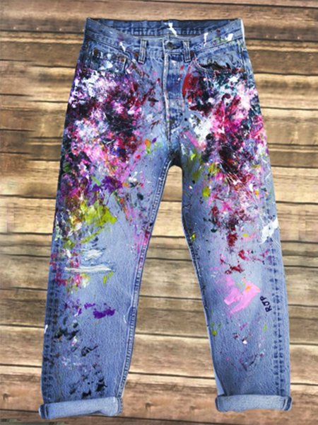 

Women Casual Denim Printed Jeans, Blue, Bottoms