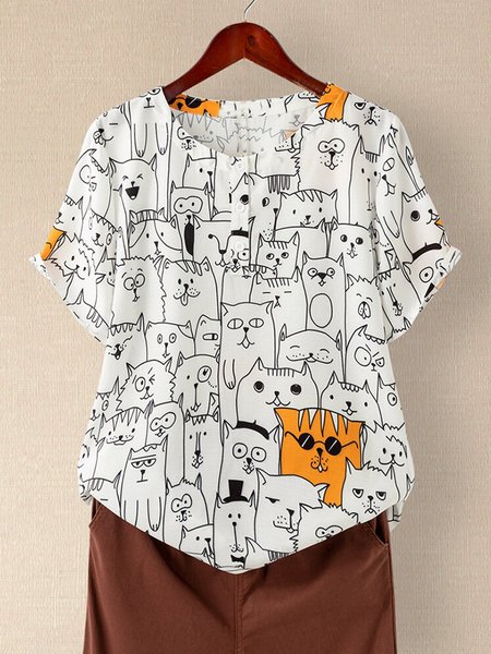 

Top a Girocollo Animale di Cotone, Bianco, Blouses & Shirts