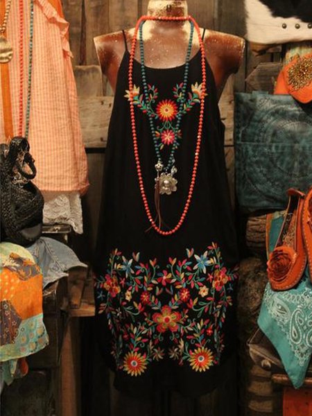 Abito a Spaghetti Jersey Casuale Dritto, Nero, Midi Dresses