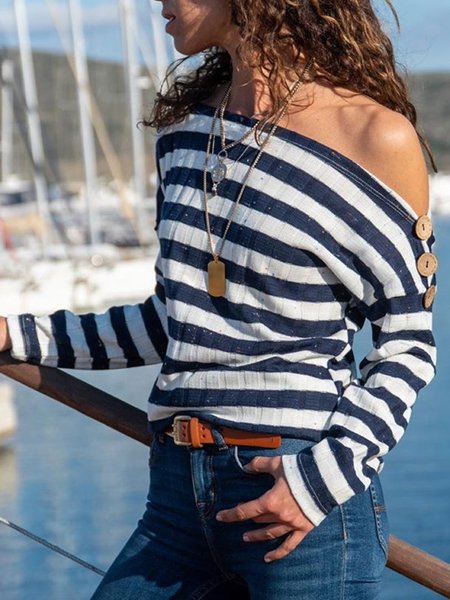 

Top a Strisce Dritto di Misto Cotone, Banda-blu, T-Shirts