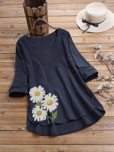 

Dark Blue Cotton-Blend Printed Floral Casual Top, Tops