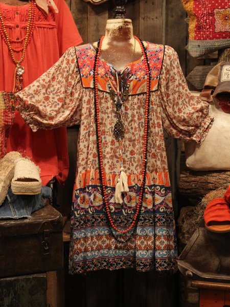 Abito Bohemian a Mezza Manica, Rosso, Midi Dresses
