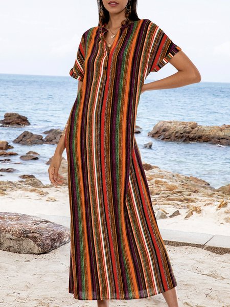 

Orange Stripes Boho Weaving Dress, Maxi Dresses