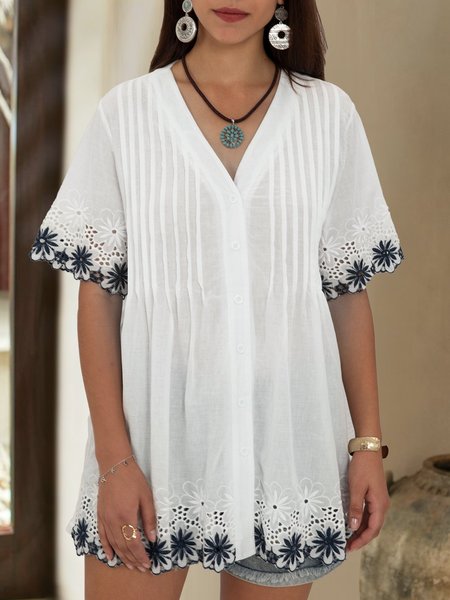 

White Guipure Lace Short Sleeve V Neck Shift Top, Blouses and Shirts
