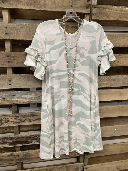 

T-Shirt con Scollo a V Stampato Volant, Beige, T-Shirts